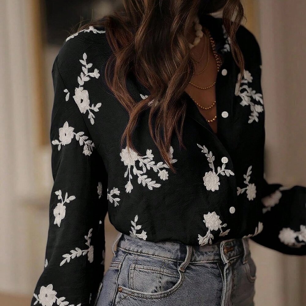 BestSelling Black Casual Women's Embroidered Floral Printed blouse - Picture 3 of 6